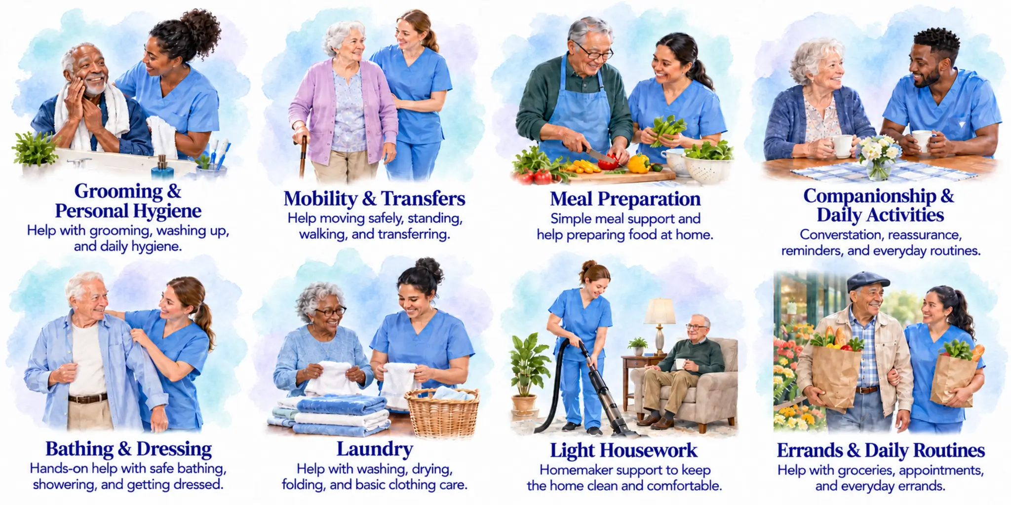 Allcare home-care services: grooming and personal hygiene, mobility and transfers, meal preparation, companionship and daily activities, bathing and dressing, laundry, light housework, and errands