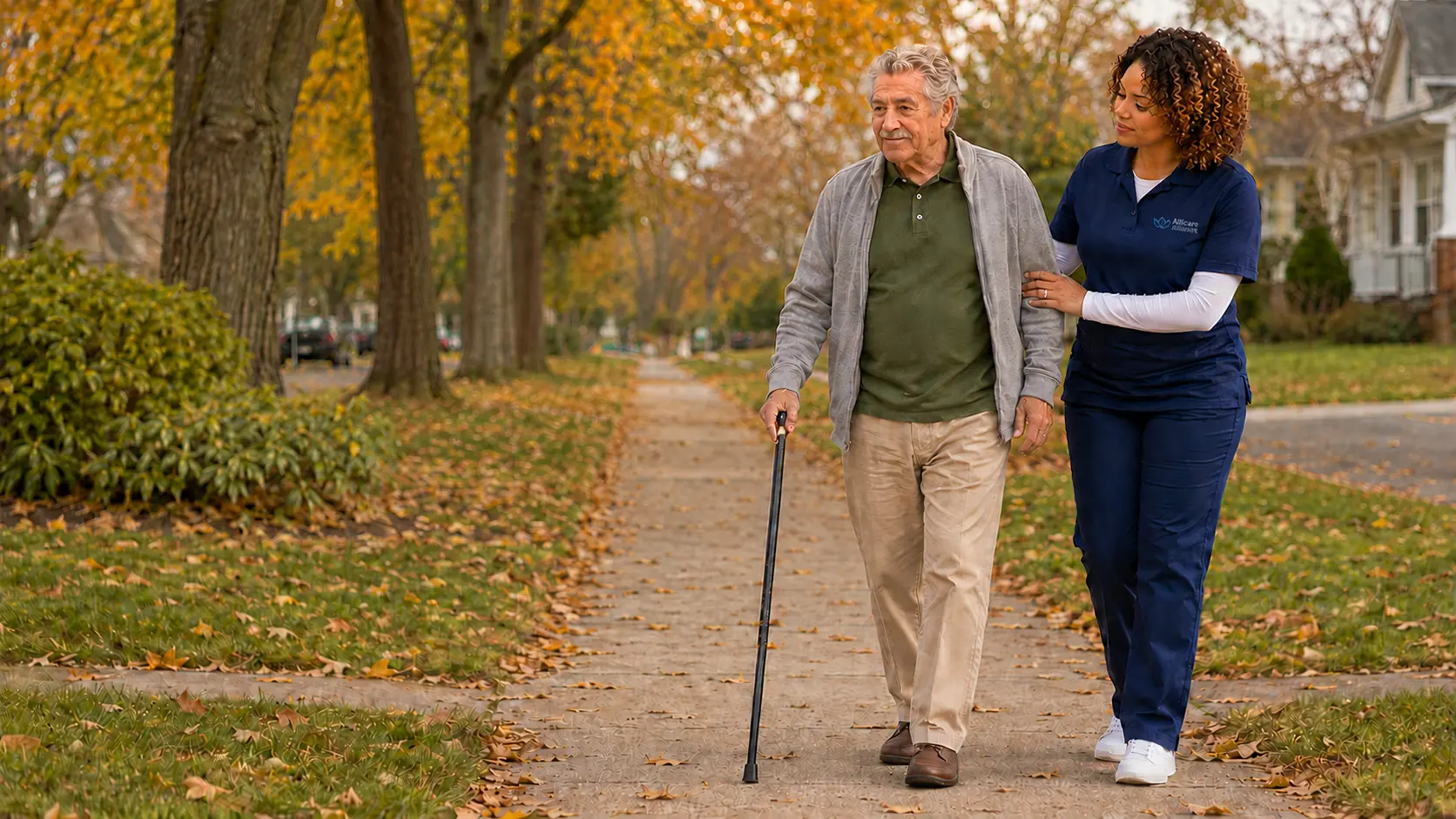 Allcare caregiver supporting an older adult who uses a cane during a fall walk in a Michigan neighborhood